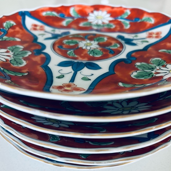Vintage Set of 6 Takahashi San Francisco Plates  Hand Painted Daisy Rust Navy - Picture 3 of 7